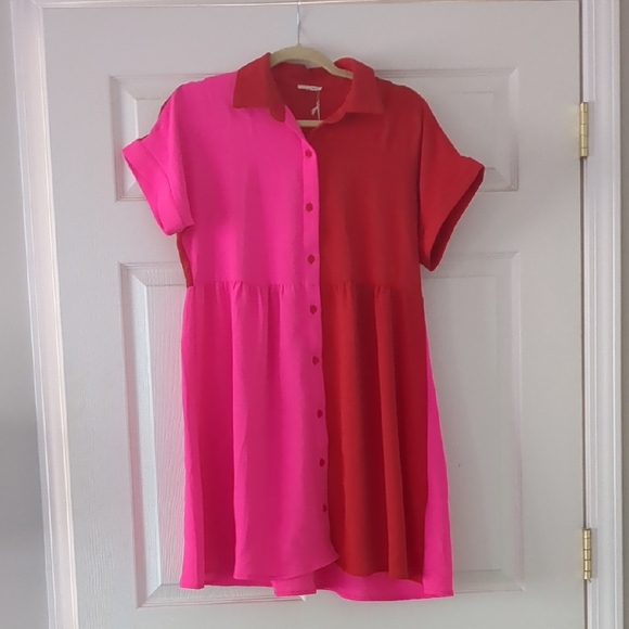 JODIFL Dresses & Skirts - Neon Pink and Red Button-Up Dress | Small | NWT